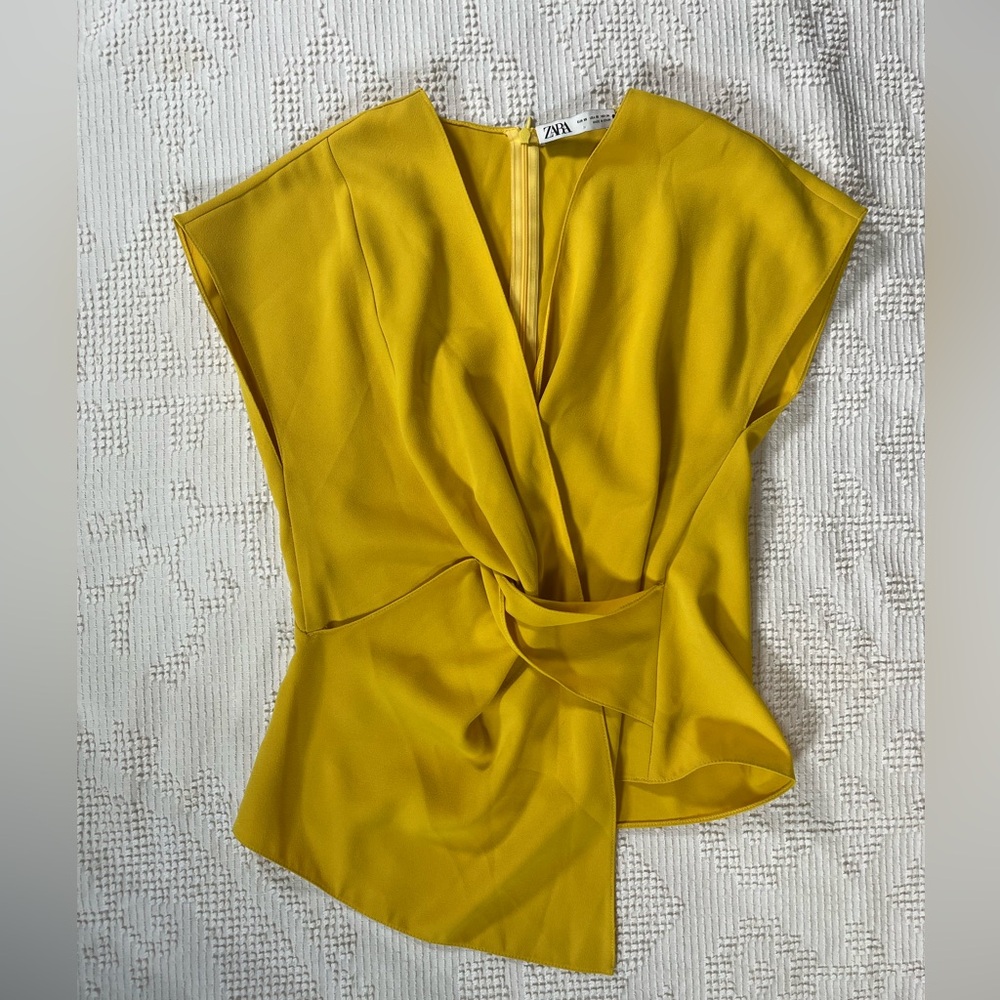 Zara Mustard Yellow Draped Twist Front Blouse